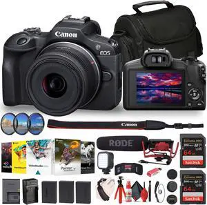 Canon EOS R100 Mirrorless Camera with 18-45mm Lens + Rode Mic + Filter Kit + More