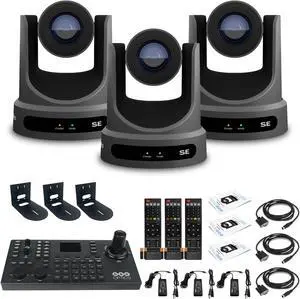 3 x PTZOptics Move SE PTZ Camera with 30x Optical Zoom (PT30X-SE-GY-G3) + SuperJoy PTZ Controller + 3 x Wall Mount