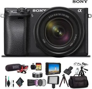 Sony Alpha a6300 Mirrorless Camera W/ 18-135mm Lens ILCE-6300M/B, Lens Filters, 2x Extra Batteries, Rode Mic, LED Light, External HD Monitor, 2x 64GB Memory Card, Plus Essential Accessories