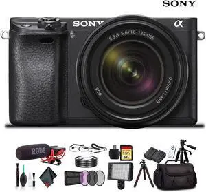 Sony Alpha a6300 Mirrorless Camera with 18-135mm Lens Black ILCE-6300M/B With Soft Bag, Lens Filters, Battery, Rode Mic, LED Light, 64GB Memory Card, Sling Soft Bag, Plus Essential Accessories