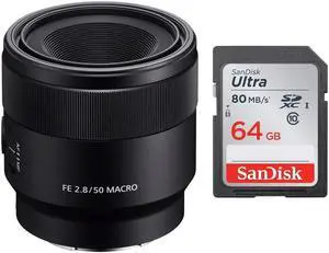 Sony SEL50M28 FE 50mm F2.8 Macro Lens & Sony 64 GB SD Card