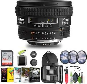 Nikon AF NIKKOR 20mm f/2.8D Lens (1913) + 64GB Memory Card + Filter Kit + BackPack - Bundle