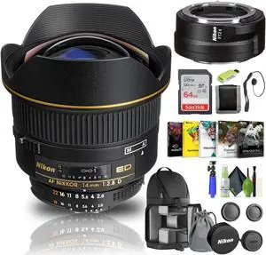 Nikon AF NIKKOR 14mm f/2.8D ED Lens (1925) + FTZ II Adapter + 64GB Memory Card - Bundle