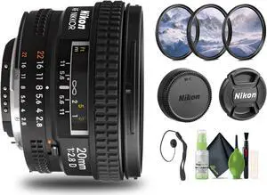Nikon AF NIKKOR 20mm f/2.8D Lens (1913) + Filter Kit + Cap Keeper + Cleaning Kit - Bundle