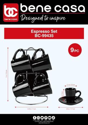 Bene Casa Black 9-pc Espresso Set W/Metal Stand, 4 Espresso Cup Set, Cup & Saucer Set
