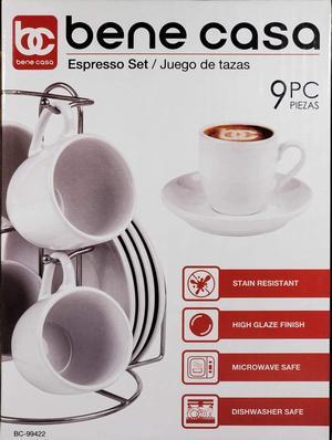 Bene Casa White 9-pc Espresso Set W/Metal Stand, 4 Espresso Cup Set, Cup & Saucer Set