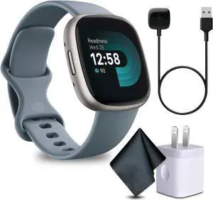 Fitbit Versa 4 Fitness Smartwatch Waterfall Blue/Platinum Bundle