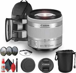 Canon EF-S 18-55mm f/4-5.6 IS STM Lens (Silver) (1620C002) + Lens Pouch + Filter Kit + More