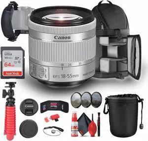 Canon EF-S 18-55mm f/4-5.6 IS STM Lens (Silver) (1620C002) + 64GB Memory Card + More