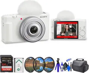 Sony ZV-1F Vlogging Camera (White) (ZV1F/W) + Filter Kit + 64GB Card + Card Reader