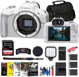 Canon EOS R50 Mirrorless Camera (White) + 64GB Card + Bag + Charger + Battery + More