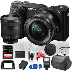 Sony Alpha a6100 Mirrorless Digital Camera (ILCE6100L/B) with 16-50mm Lenses With Sony FE 24-105mm f/4 G OSS Lens, Flash, Soft Case, 64GB Card  - Lens Bundle