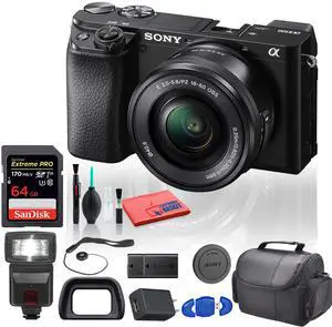 Sony Alpha a6100 Mirrorless Digital Camera (ILCE6100L/B) with 16-50mm Lenses With Flash, Extra Battery,  64GB Memory Card, Padded Bag, and More - Extra Battery Bundle