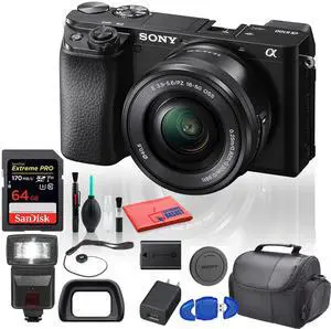 Sony Alpha a6100 Mirrorless Digital Camera (ILCE6100L/B) with 16-50mm Lenses With Flash, 64GB Memory Card, Padded Bag, and More - Beginner Bundle
