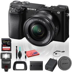 Sony Alpha a6100 Mirrorless Digital Camera (ILCE6100L/B) with 16-50mm Lenses With Flash, 64GB Memory Card, Cleaning Set and More - Base Bundle