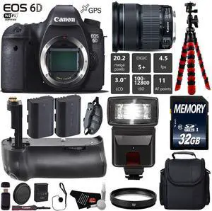 Canon EOS 6D DSLR Camera with 24-105mm is STM Lens + Professional Battery Grip + UV Protection Filter + Flash + Extra Ba