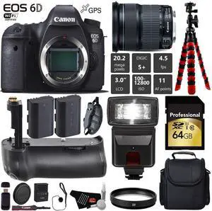 Canon EOS 6D DSLR Camera with 24-105mm is STM Lens + Professional Battery Grip + UV Protection Filter + Flash + Extra Ba