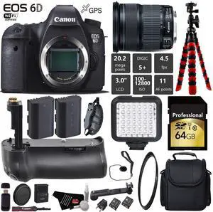 Canon EOS 6D DSLR Camera with 24-105mm is STM Lens + Professional Battery Grip + UV Protection Filter + LED Kit + Extra