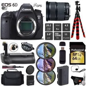 Canon EOS 6D DSLR Camera with 24-105mm is STM Lens + Professional Battery Grip + UV FLD CPL Filter Kit + Case + Wrist St