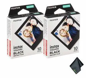 2xFUJIFILM INSTAX SQUARE Black Instant Film (10 Exposures), Microfiber Cleaning Cloth, Bundle