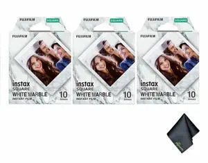 3xFUJIFILM INSTAX SQUARE White Marble Instant Film (10 Exposures), Microfiber Cleaning Cloth, Bundle