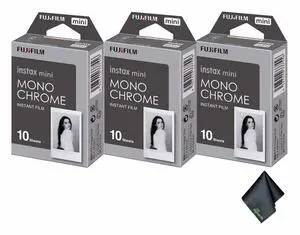 3xFUJIFILM INSTAX MINI Monochrome Instant Film (10 Exposures), Microfiber Cleaning Cloth, Bundle