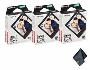 3xFUJIFILM INSTAX SQUARE Black Instant Film (10 Exposures), Microfiber Cleaning Cloth, Bundle