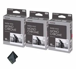 3xFUJIFILM INSTAX Wide Monochrome Instant Film (10 Exposures), Microfiber Cleaning Cloth, Bundle