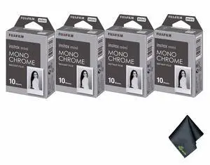 4xFUJIFILM INSTAX MINI Monochrome Instant Film (10 Exposures), Microfiber Cleaning Cloth, Bundle