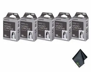 5xFUJIFILM INSTAX MINI Monochrome Instant Film (10 Exposures), Microfiber Cleaning Cloth, Bundle