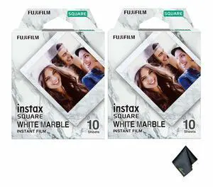 2xFUJIFILM INSTAX SQUARE White Marble Instant Film (10 Exposures), Microfiber Cleaning Cloth, Bundle