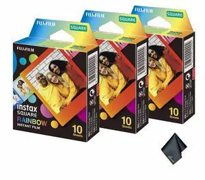 3xFUJIFILM INSTAX SQUARE Rainbow Instant Film (10 Exposures), Microfiber Cleaning Cloth, Bundle