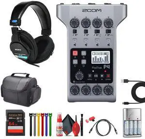 Zoom PodTrak P4 Portable Podcast Recorder + Headphones, Travel Bag, Bundle