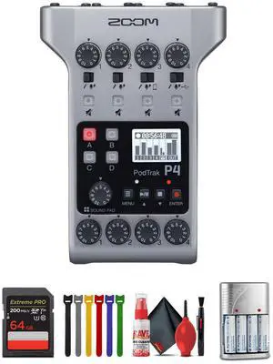 Zoom PodTrak P4 Portable Podcast Recorder + 64GB Memory Card, Bundle