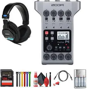 Zoom PodTrak P4 Portable Podcast Recorder + Headphones, Bundle