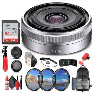 Sony E 16mm f/2.8 Lens  + Filter Kit + BackPack + 64GB Card + More