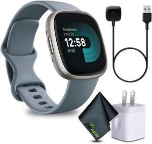 Fitbit Versa 4 Fitness Smartwatch Waterfall Blue/Platinum Bundle