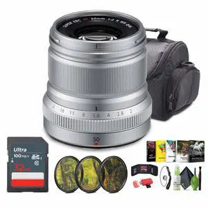 FUJIFILM XF 50mm f/2 R WR Lens (Silver), 32GB Memory Card , Bundle
