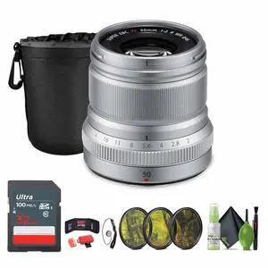 FUJIFILM XF 50mm f/2 R WR Lens (Silver), Lens Pouch,32GB Memory Card ,Bundle