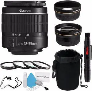 Canon EF-S 18-55mm f/3.5-5.6 III Lens (International Model) + 58mm Wide Angle Lenses + 58mm Macro Close Up Kit