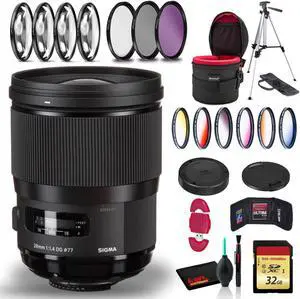 Sigma 28mm f/1.4 DG HSM Art Lens for Nikon F with Cleaning Kit, Full Size Tripod, 32GB Memory Kit, Filter Kits, and Case Bundle
