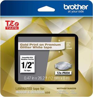 Brother TZePR234 Gold Print on Premium Glitter White Laminated Tape for P-touch Label Maker, 12 mm (0.47") Wide x 8 m (26.20 ft.) Long