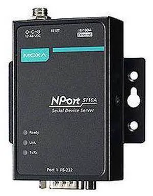 Moxa NPort 5110A-T - 1 port device server, 10/100M Ethernet, RS-232, DB9 male, 15KV ESD, 0.5KV serial surge, 12~48VDC, -40~75 de