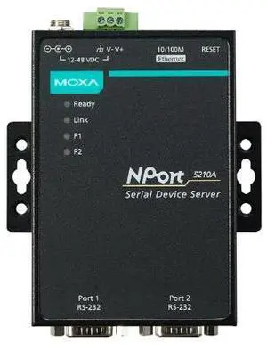 Moxa NPort 5210A - 2 Ports Device Server, 10/100M Ethernet, RS-232, DB9 Male, 15KV ESD, 0.5KV Serial Surge, 12~48VDC, 0~60°C (NPort 5210A)