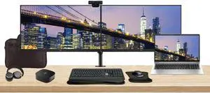 HP ProBook 455 G10 15.6" Ryzen 5, 8GB RAM, 256GB SSD, Bundle with 2 x EliteDisplay E27 27" Monitors, Dual Stand, USB-C Dock, MK540 Wireless Keyboard and Mouse, Gel Pad, Webcam, Headphones, Bag