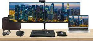 HP ProBook 455 G10 15.6" Ryzen 7, 16GB RAM, 512GB SSD, Bundle with 2 x EliteDisplay E27 27" Monitors, Dual Stand, USB-C Dock, MK540 Wireless Keyboard and Mouse, Gel Pad, Webcam, Headphones, Bag