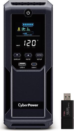 CyberPower BRG1500AVRLCD2 UPS Tower 1500VA/900W Backup Battery Power Supply, Intelligent LCD, 12 x NEMA 5-15R Outlets, AVR, Remote Management, Bundle with 16GB USB Storage
