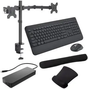 HP Universal USB-C Multiport Dock, Dual 4K Displays For Business, HDMI, DisplayPort and USB Hub Bundled with Desk Mount Dual Monitor Stand, MK650 Wireless Keyboard & Mouse, Gel Mouse & Wrist Pad