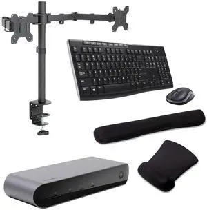 Belkin Connect Pro Thunderbolt 4 90W Dock, Dual 4K Support, HDMI, USB-C, SD Port and USB Hub Bundled With Desk Mount Monitor Stand, MK270 Wireless Keyboard & Mouse, Gel Pad, Mac & Surface Compatible
