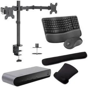 Belkin Connect Pro Thunderbolt 4 90W Dock, Dual 4K Support, HDMI, USB-C, SD Port and USB Hub Bundled With Desk Mount Monitor Stand, MK670 Wireless Keyboard & Mouse, Gel Pad, Mac & Surface Compatible